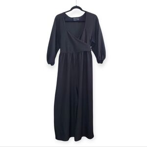 ASOS DESIGN Black Textured Waffle Knit Tie Waist V-Neck Jumpsuit